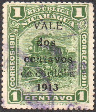 Nicaragua stamps 1914 surcharge Locomotive 2 centavos on 1 centavo : variety 'ccntavo' for 'centavo' 